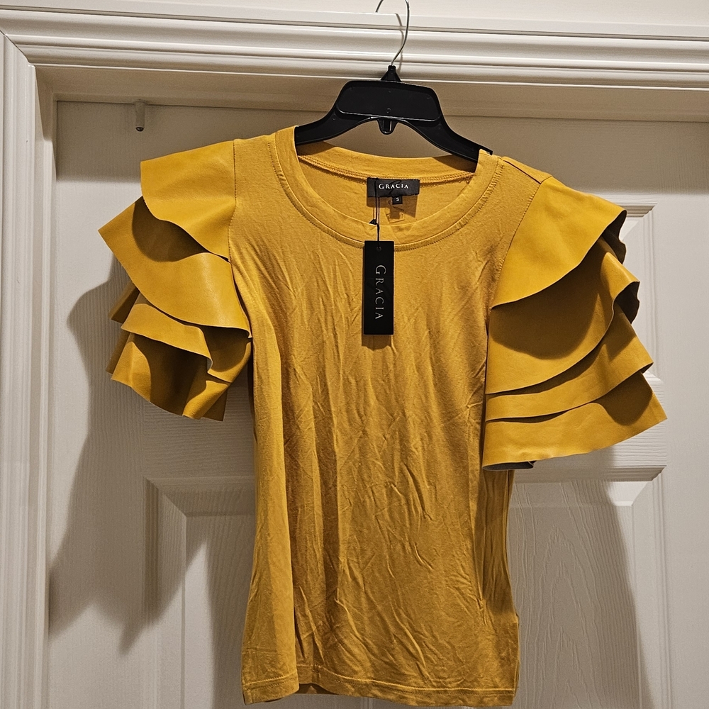 Gracia Mustard Ruffle Sleeve Blouse